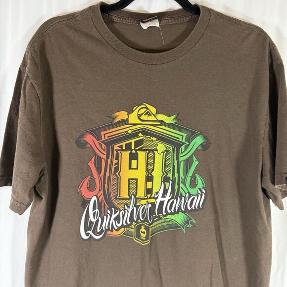 Quicksilver Shirt Men's Large Brown Hawaii Print Short Sleeve Crew Neck Cotton - Picture 2 of 8